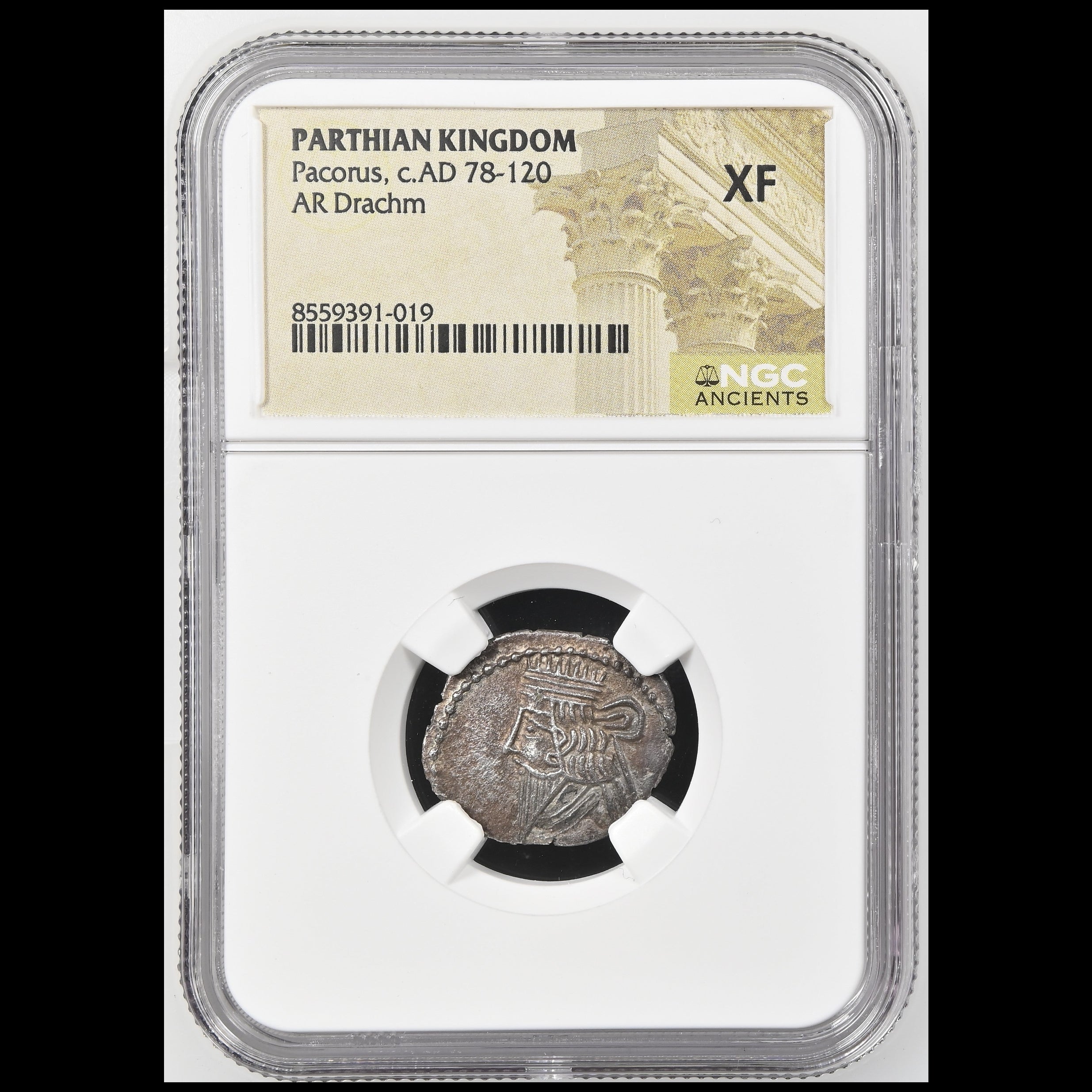 A Parthian Kingdom AR Drachm coin from c.AD 78-120, graded XF by NGC Ancients and encapsulated in a clear plastic holder.