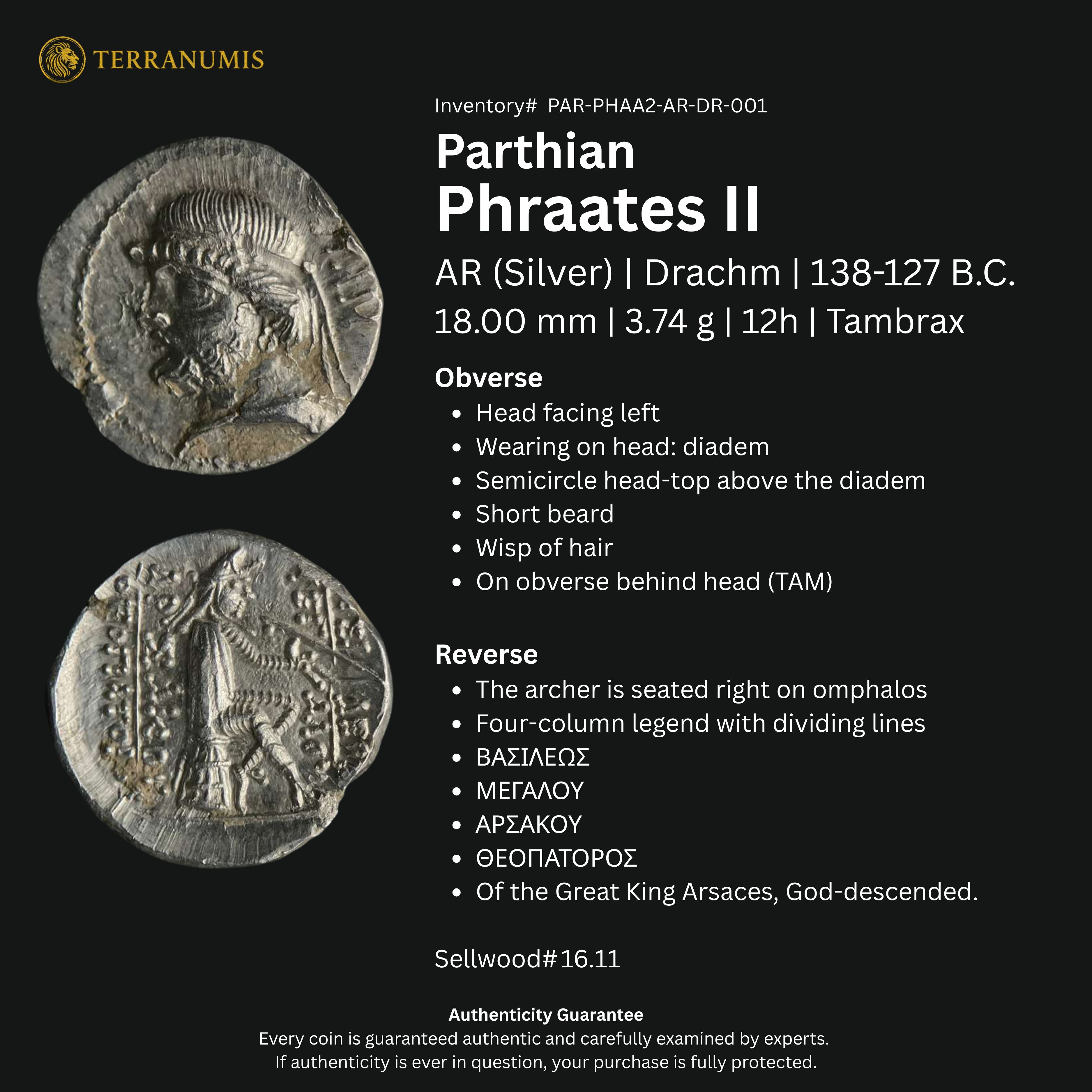 Parthian | Phraates II | Silver Drachm | 138 BC to 127 BC | PAR-PHAA2-AR-DR-001