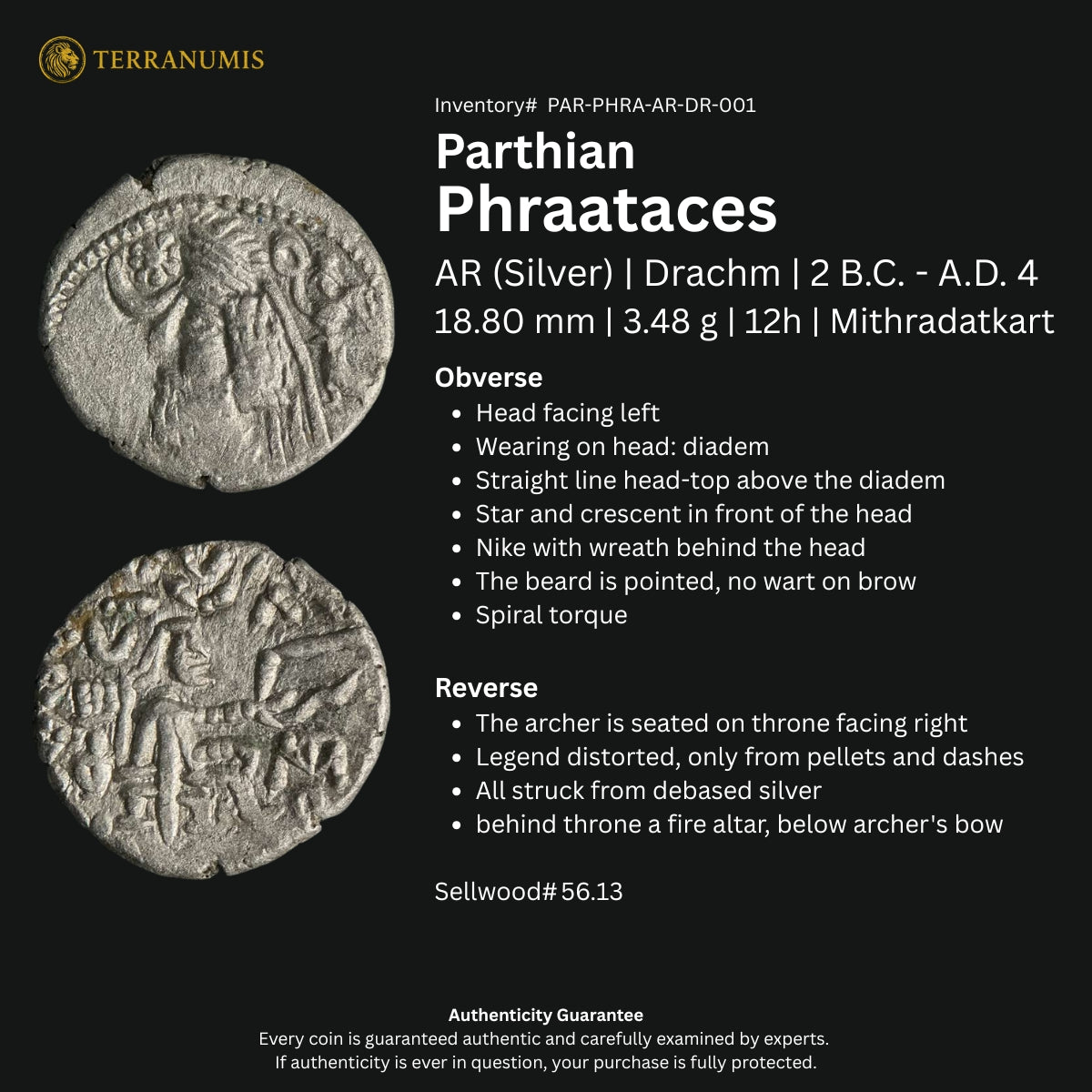 Parthian | Phraataces | Silver Drachm | 2 BC to AD 4 | PAR-PHRA-AR-DR-001