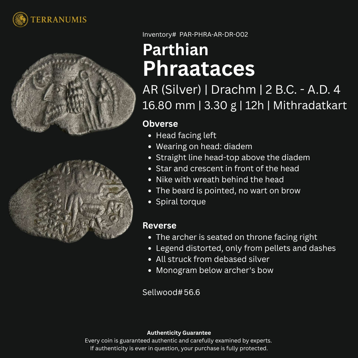 Parthian | Phraataces | Silver Drachm | 2 BC to AD 4 | PAR-PHRA-AR-DR-002