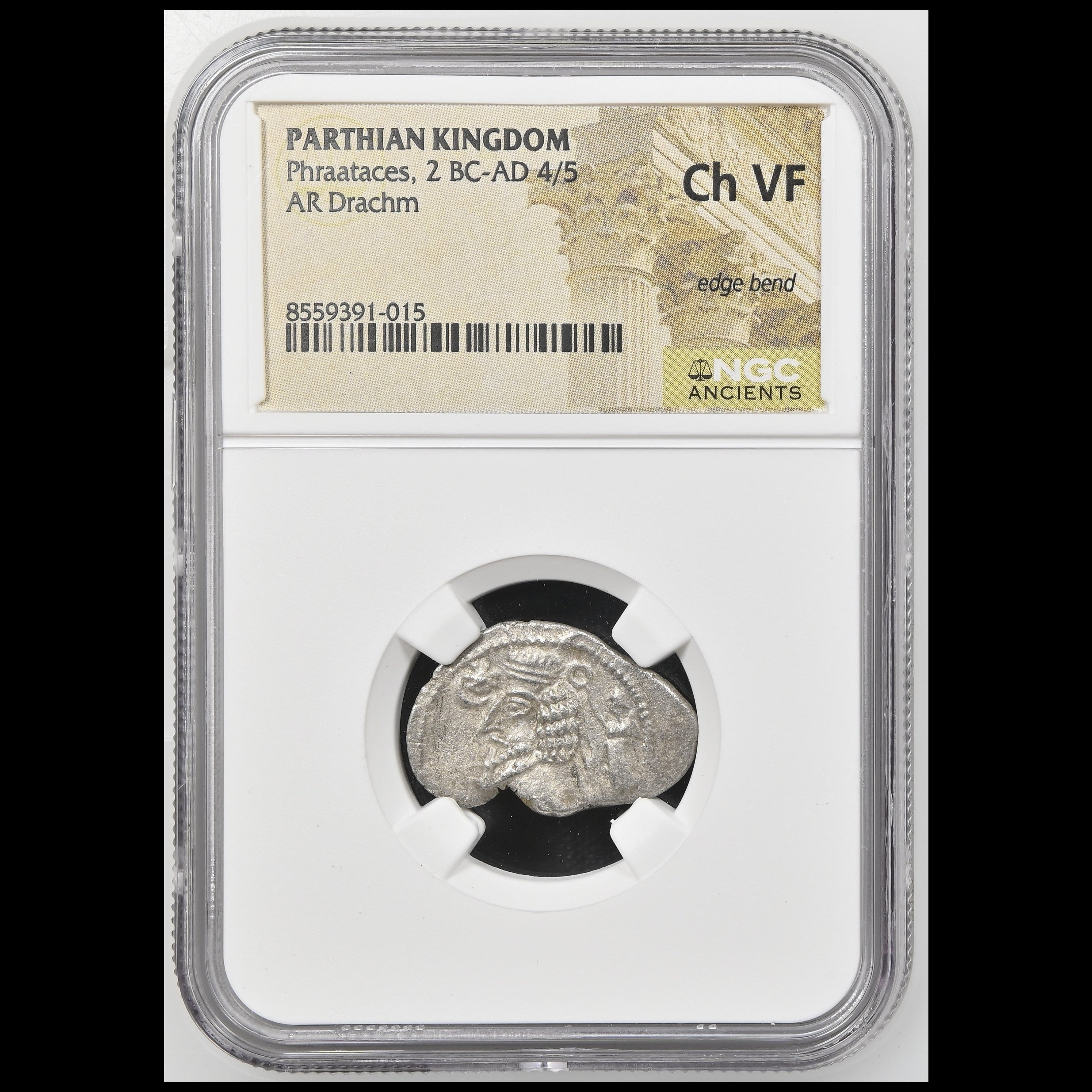 A graded ancient coin in a clear NGC slab. The coin is a Parthian Kingdom Phraataces AR Drachm, graded Ch VF by NGC Ancients.