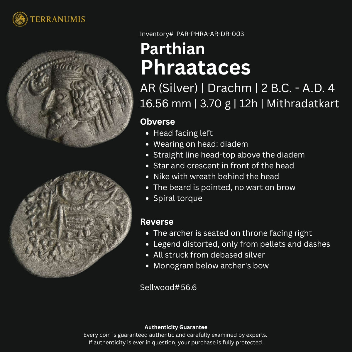 Parthian | Phraataces | Silver Drachm | 2 BC to AD 4 | PAR-PHRA-AR-DR-003