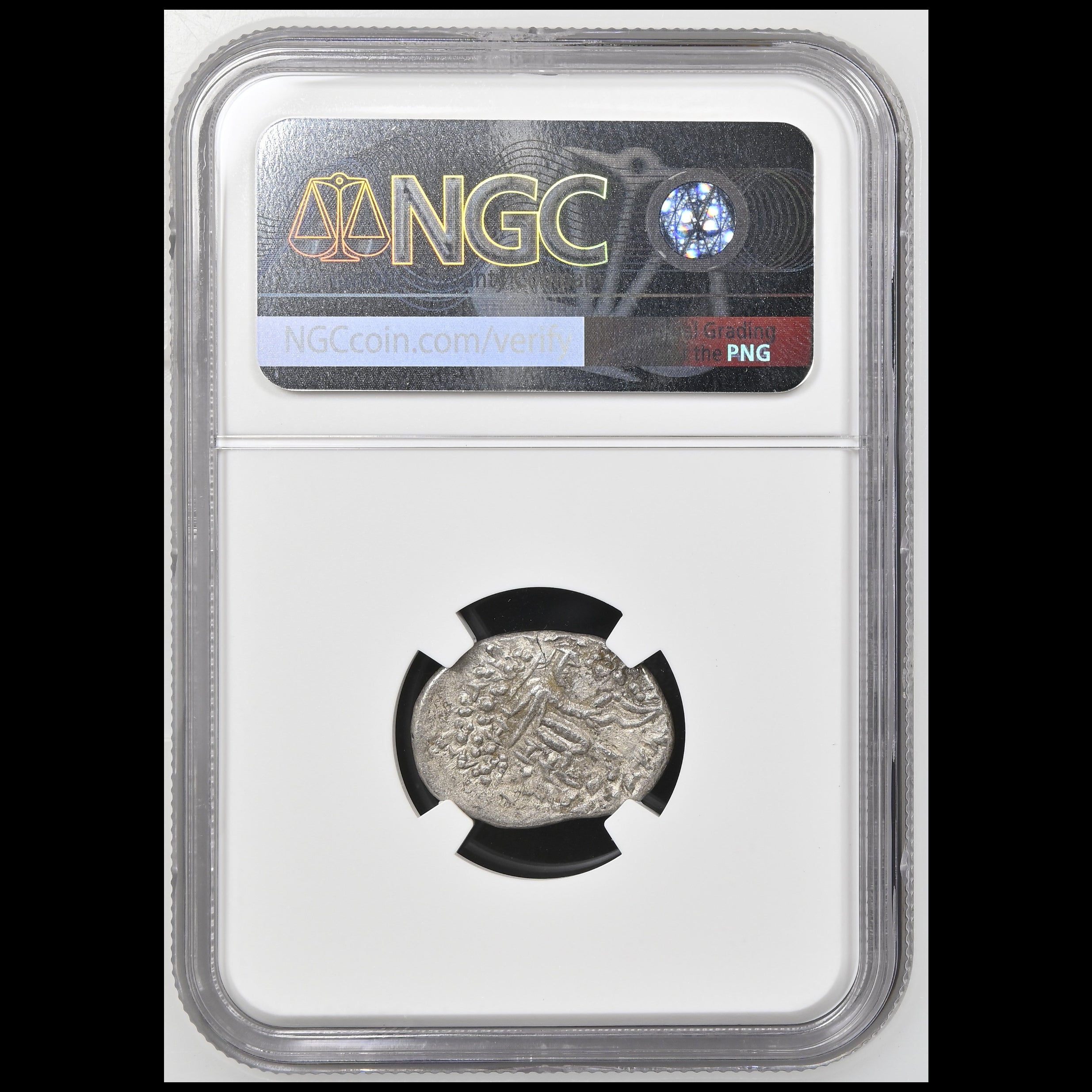 A silver coin encapsulated in a clear NGC grading holder, with the NGC label visible at the top and a black circular insert around the coin.