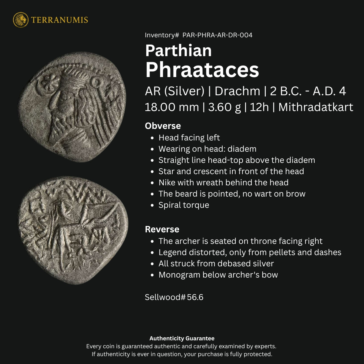Parthian | Phraataces | Silver Drachm | 2 BC to AD 4 | PAR-PHRA-AR-DR-004
