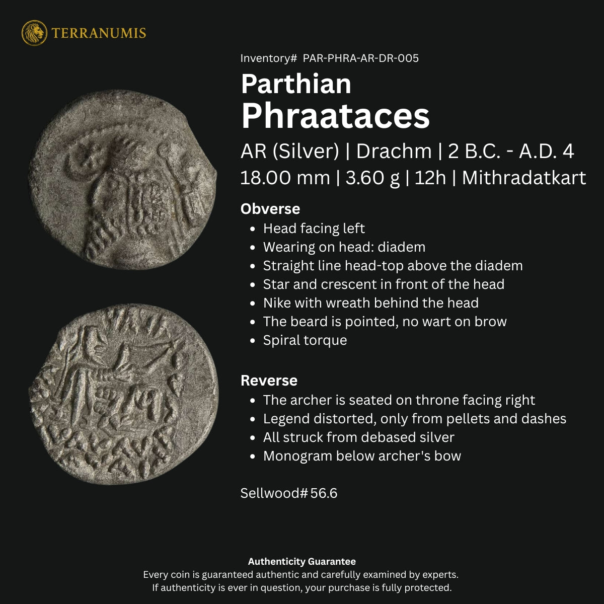 Parthian | Phraataces | Silver Drachm | 2 BC to AD 4 | PAR-PHRA-AR-DR-005