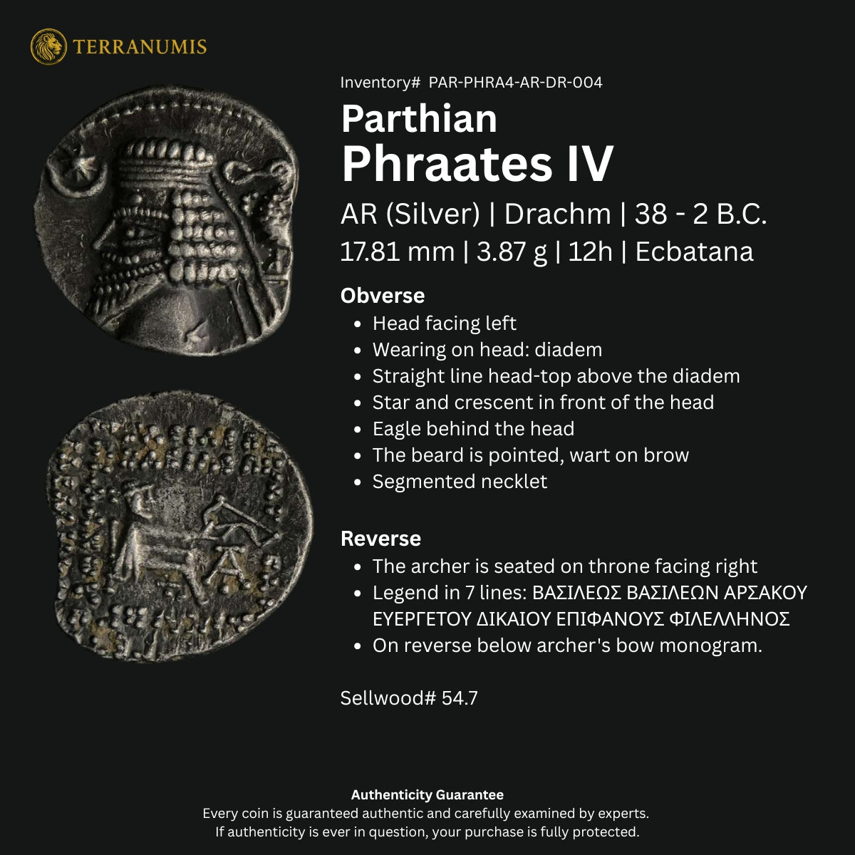 Parthian | Phraates IV | Silver Drachm | 38 BC to 2 BC | PAR-PHRA4-AR-DR-004