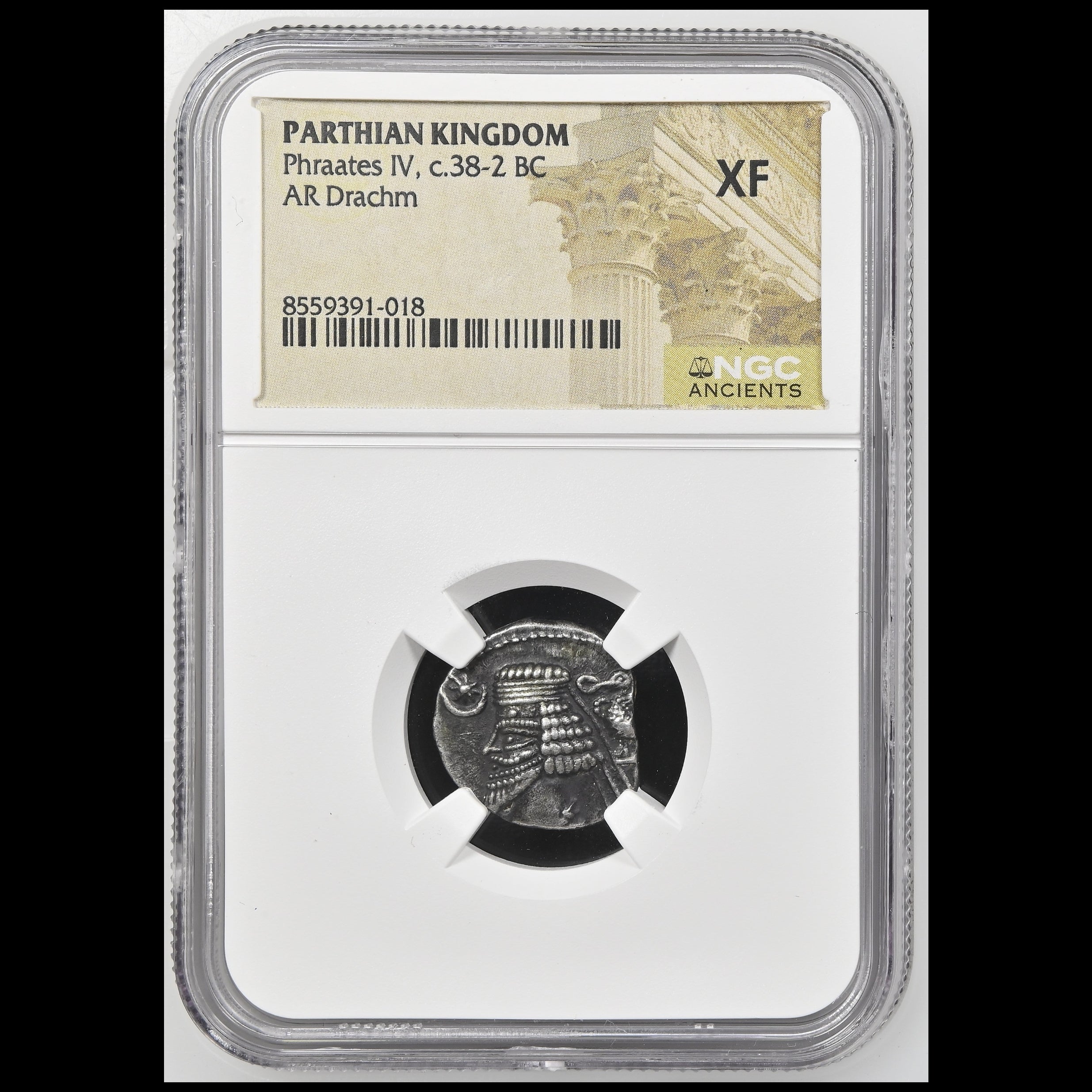 A Parthian Kingdom AR Drachm coin from c.38-2 BC, graded XF by NGC Ancients with certification label visible, encapsulated in a clear plastic holder.