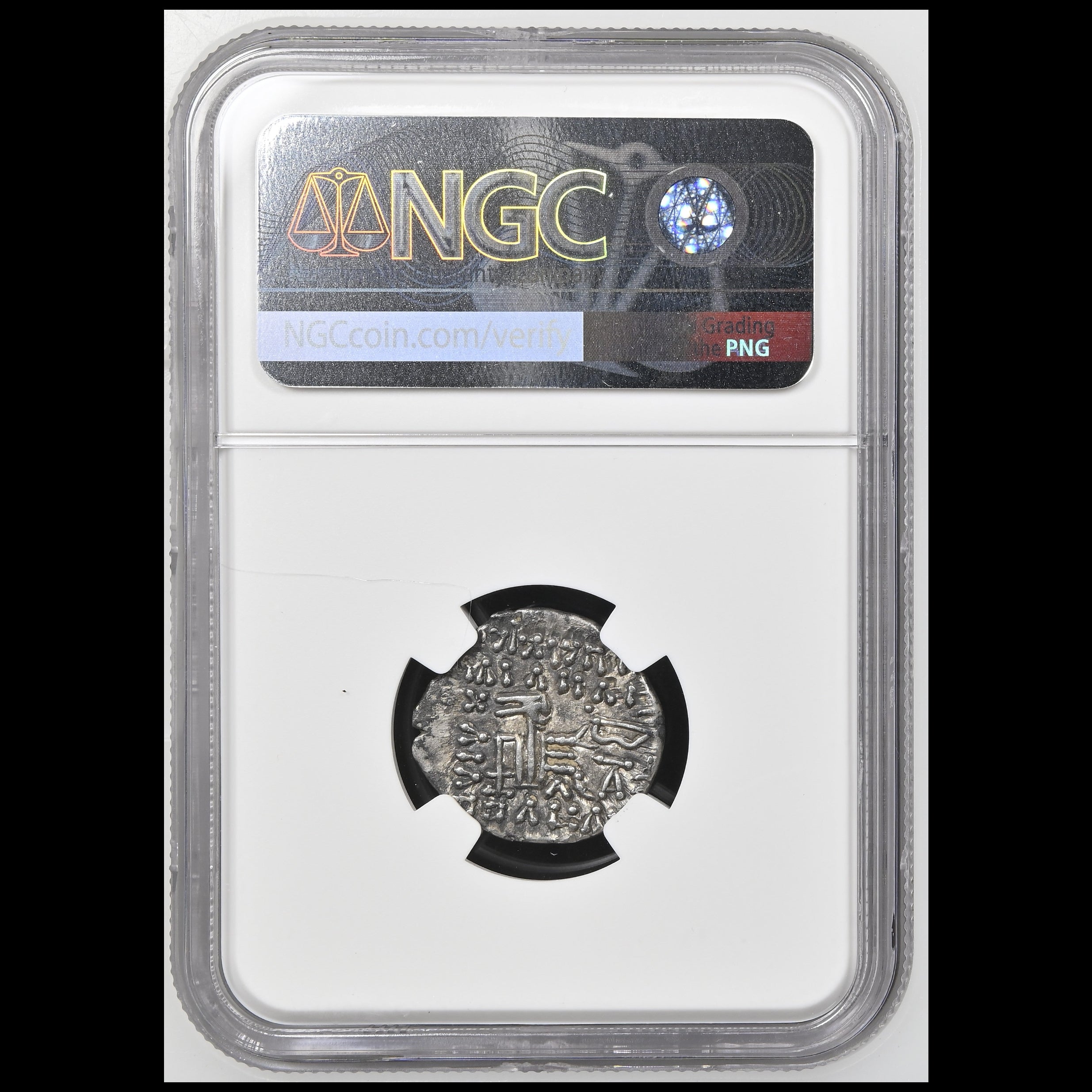 An ancient silver coin graded NGC PNG 125, encapsulated in a clear plastic holder with a black NGC label at the top and a black NGC support ring around the coin.