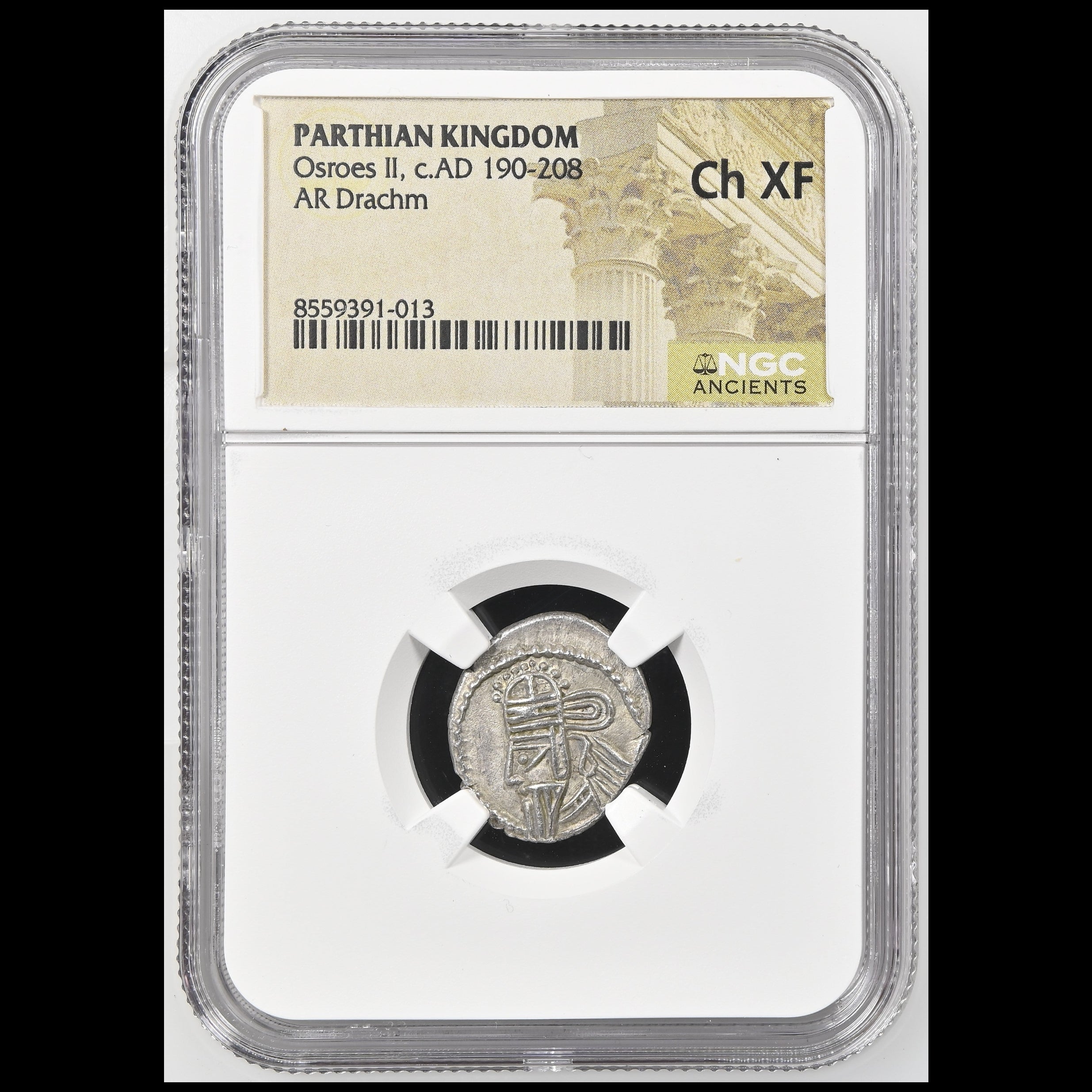 An NGC graded ancient coin of the Parthian Kingdom, Osroes II, c.AD 190-208, AR Drachm, showing a silver coin inside a clear plastic holder with a tan label.