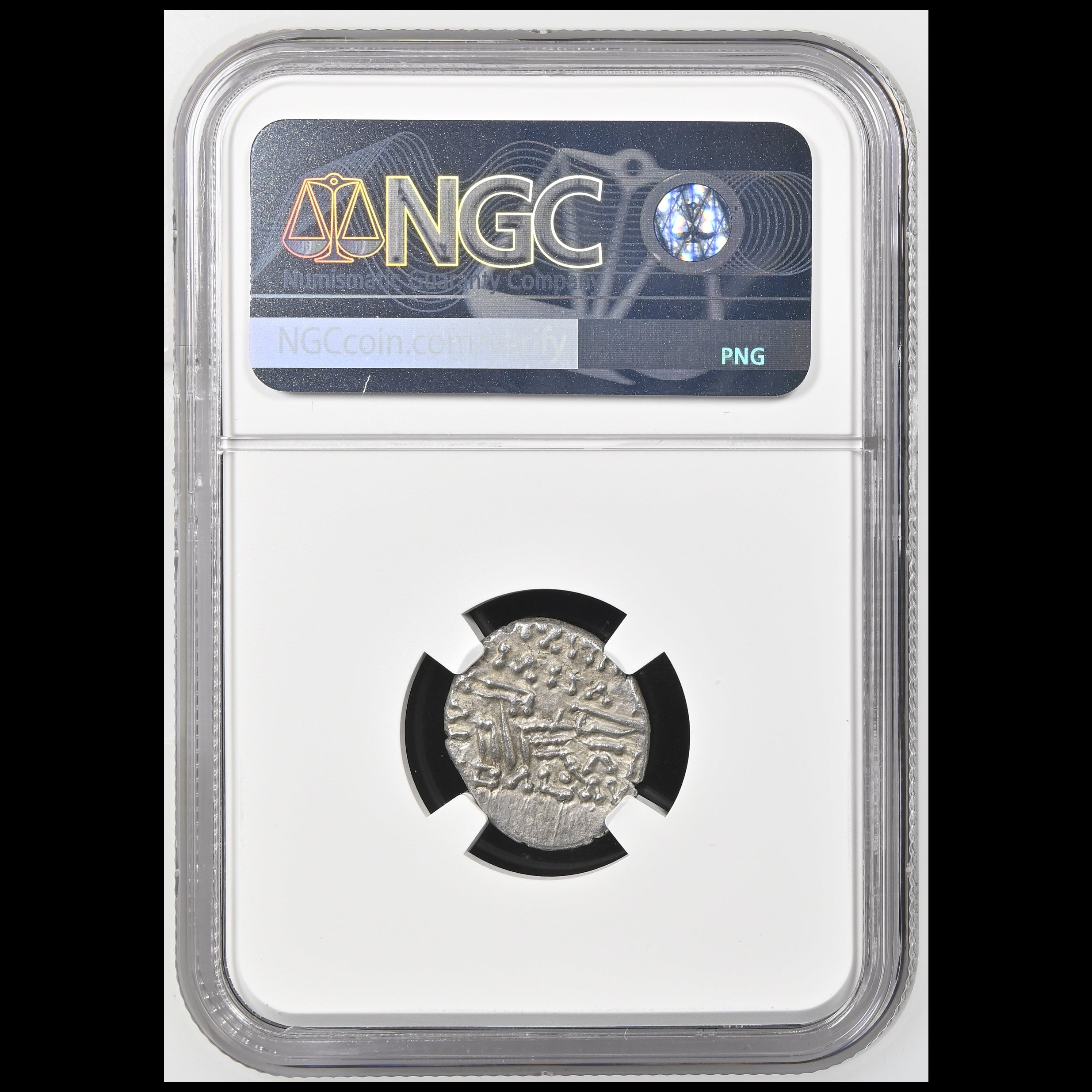 An ancient silver coin encapsulated in a clear NGC grading holder, with the NGC label visible at the top and a black circular insert holding the coin.