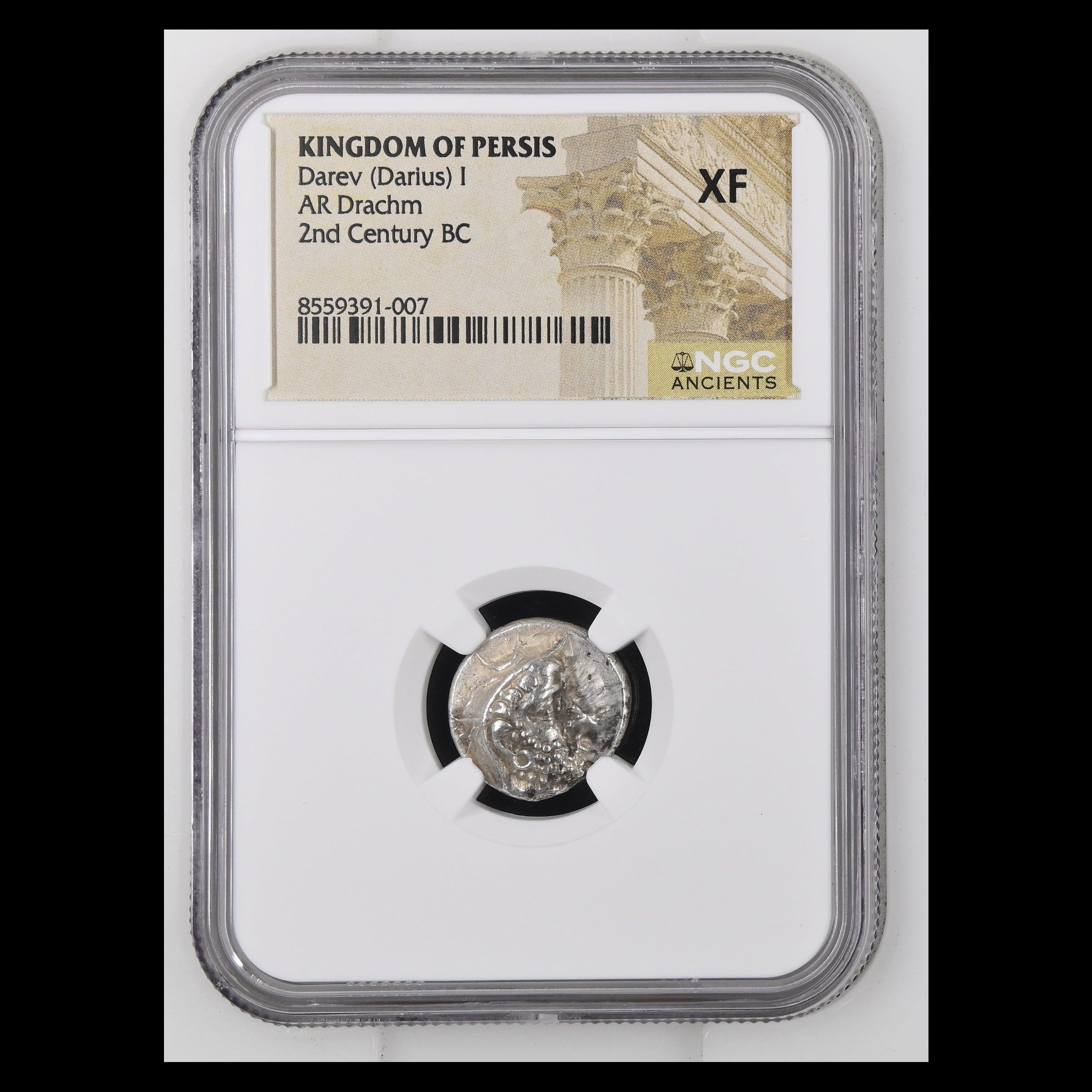 An ancient silver coin from the Kingdom of Persis, dated 2nd Century BC, encapsulated in a clear NGC Ancients Professional grade holder. The coin is graded XF and features a detailed label with a temple illustration.