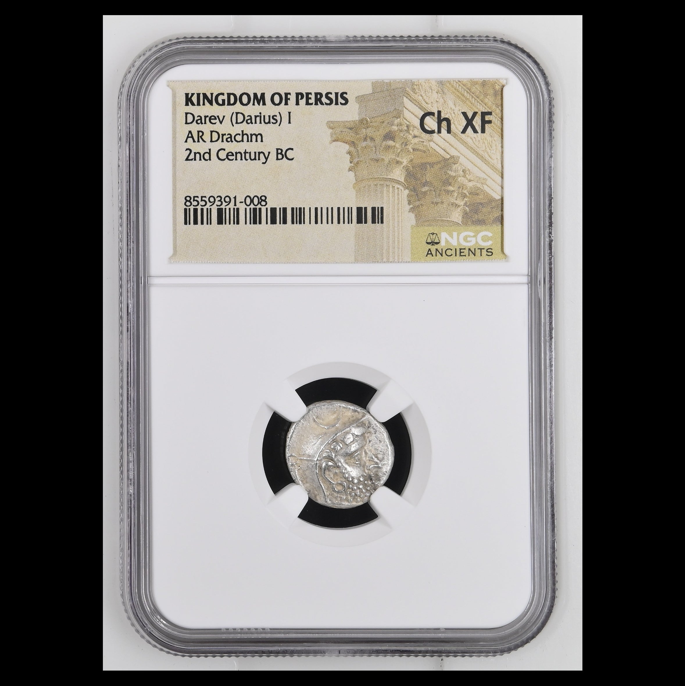 A 2nd Century BC Ar Drachm coin from the Kingdom of Persis, graded and encapsulated by NGC Ancients as Ch XF. The coin is displayed inside a clear plastic holder with a black circular insert, featuring a tan paper label with historical text and imagery.